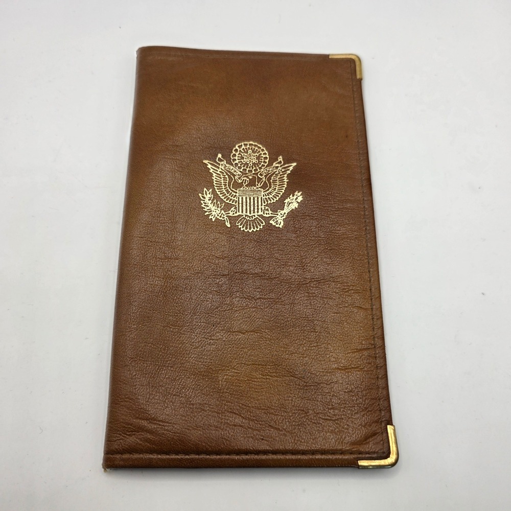 Vintage Brown Leather Great Seal of the United States Bifold Checkbook Wallet